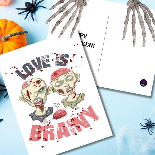 Funny Zombies Love Is Brainy Halloween Postcard (Creator Uploaded)