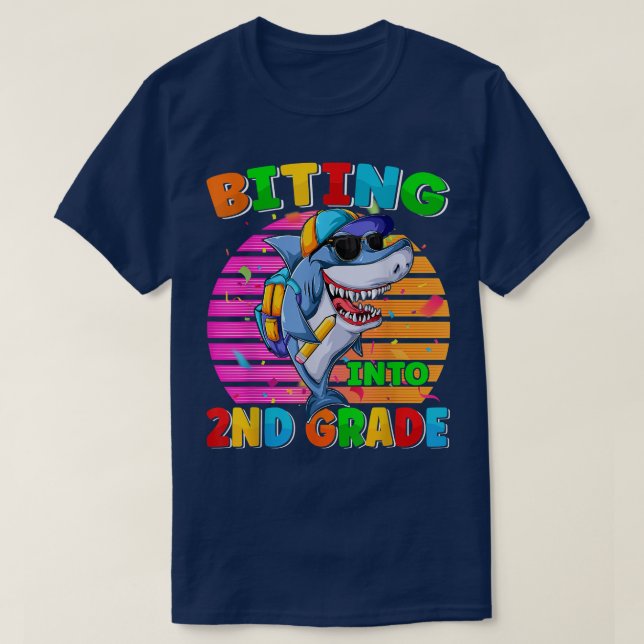 Funy Biting Into Second Grade Back To School Shark T-Shirt (Design Front)