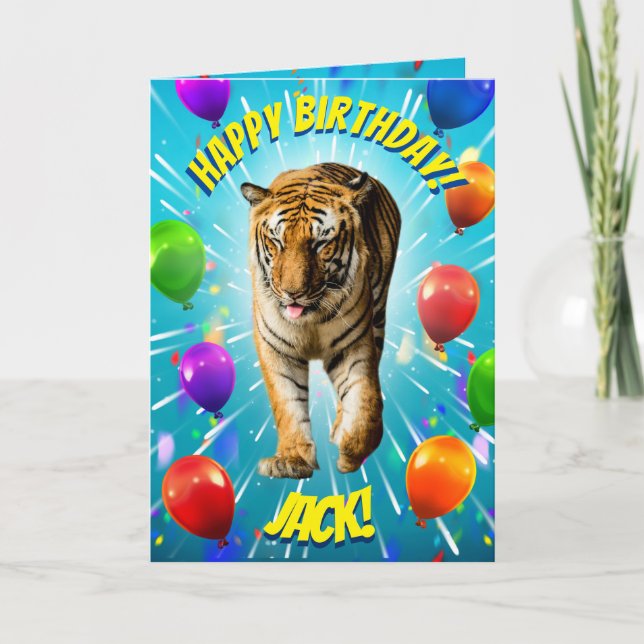Funy Tiger Party Balloon Explosion Birthday Card (Front)