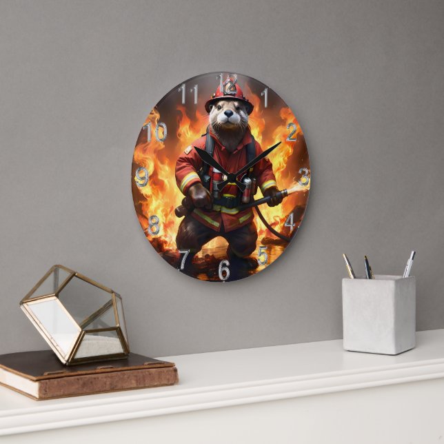 Fur and Flames: The Otter Fireman’s Backburning Large Clock (Office)