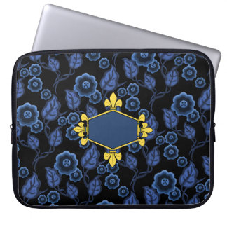 Fur de lis, gold, blue floral, Add initials/name Laptop Sleeve