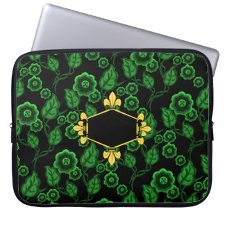 Fur de lis, gold, green floral, Add initials/name Laptop Sleeve