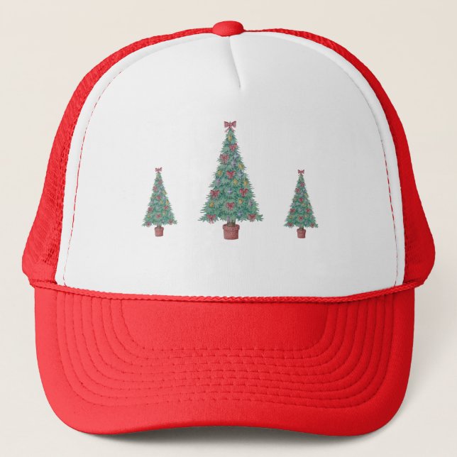 fur tree with decorations red bows bells christmas trucker hat (Front)