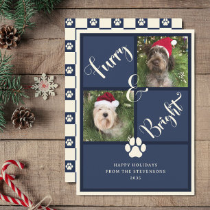 Furry And Bright Navy Blue Photo Collage Dog Holiday Card