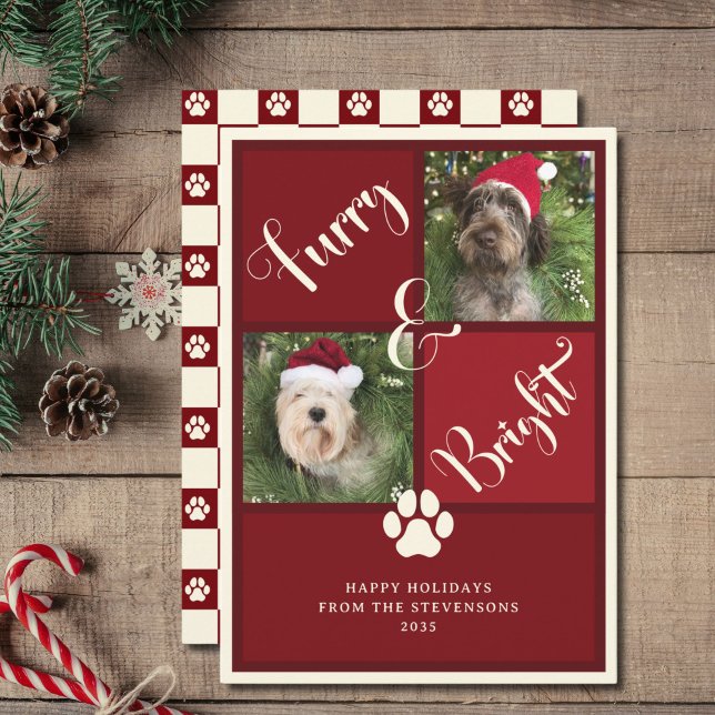 Furry And Bright Red Photo Collage Dog  Holiday Card (Creator Uploaded)