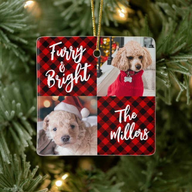 Furry & Bright Dog 2 Photo Christmas Ceramic Ornament (Tree)