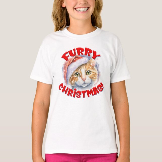 Furry Christmas Santa Hat Cat Drawing Holiday T-Shirt (Front)