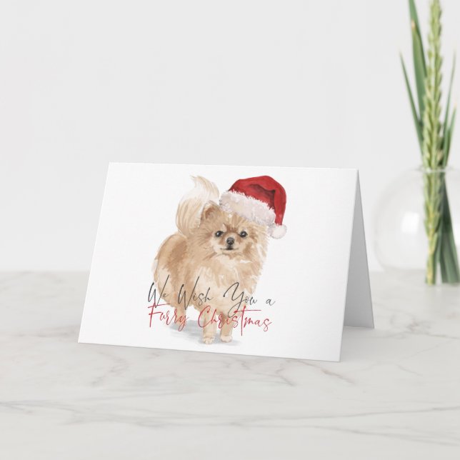 FURRY CHRISTMAS Santa Hat Pomeranian Calligraphy Card (Front)