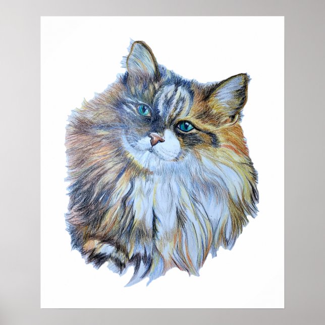 Furry Colourful Norwegian Forest Cat Realistic Art Poster (Front)