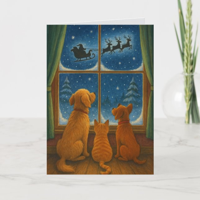 Furry Friends Looking at Santa Custom Christmas Card (Front)