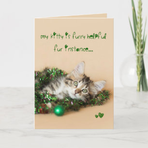 Furry helpful Christmas decorating kitten Holiday Card
