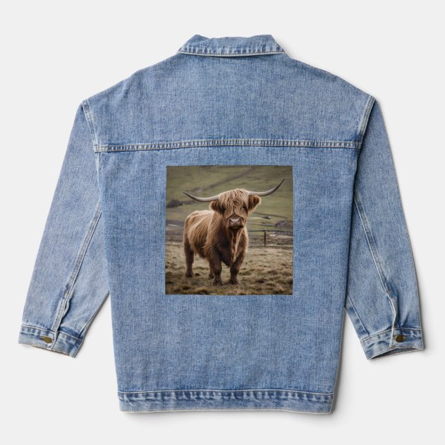 **"Furry Majesty: The Woolly Brown Highland Cow"** Denim Jacket (Back)