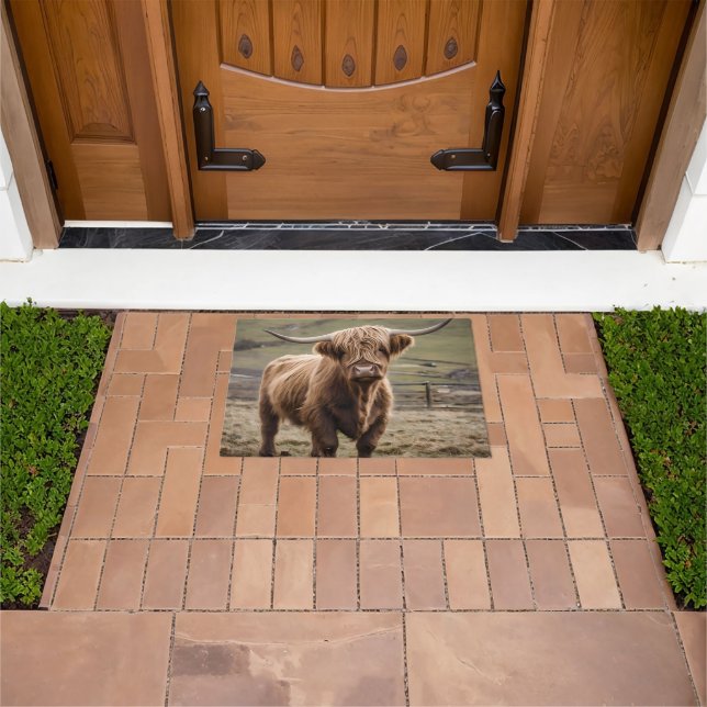 **"Furry Majesty: The Woolly Brown Highland Cow"** Doormat (Outdoor)