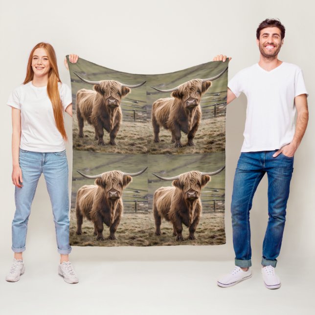 **"Furry Majesty: The Woolly Brown Highland Cow"** Fleece Blanket (In Situ)