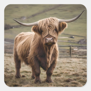 **"Furry Majesty: The Woolly Brown Highland Cow"** Square Sticker