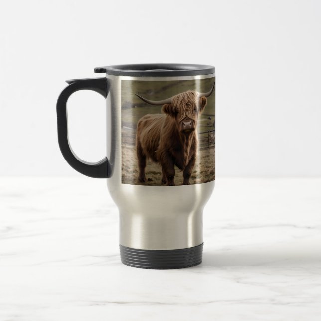 **"Furry Majesty: The Woolly Brown Highland Cow"** Travel Mug (Left)