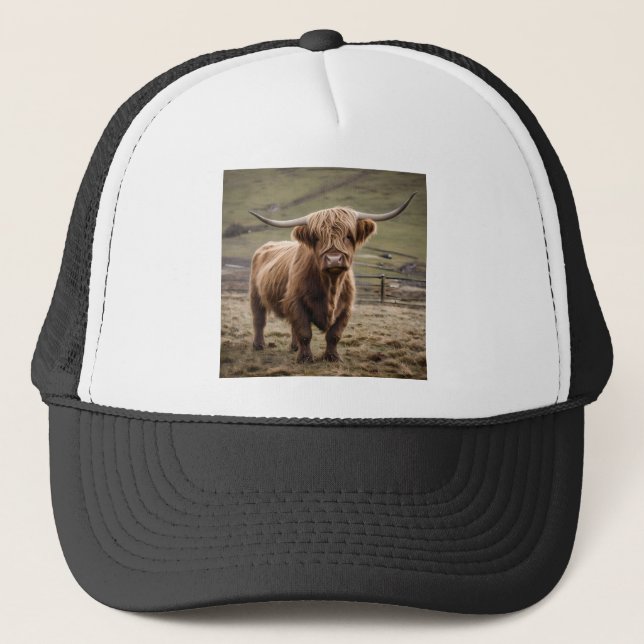 **"Furry Majesty: The Woolly Brown Highland Cow"** Trucker Hat (Front)