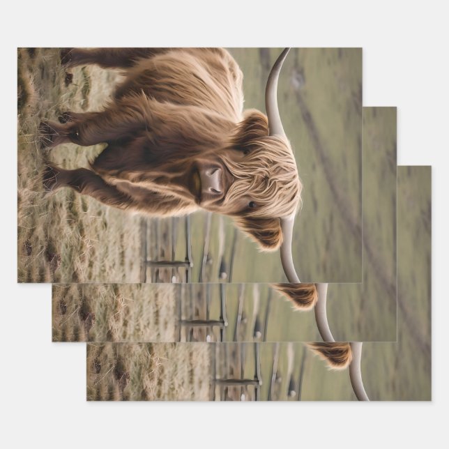**"Furry Majesty: The Woolly Brown Highland Cow"** Wrapping Paper Sheet (Set)