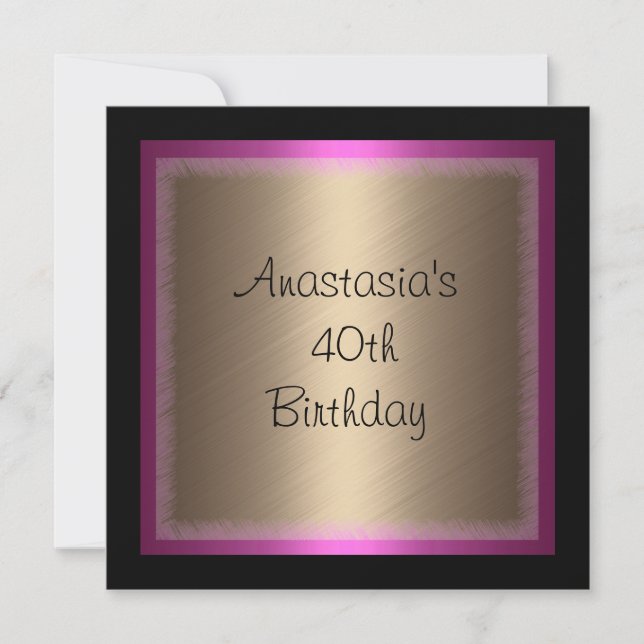 Fuschia Bronze Glamour on Black 40th Birthday Invitation (Front)