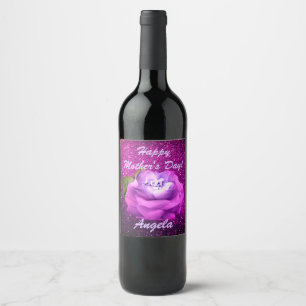 Fuschia Diamond Rose  Faux Glitter Wine Label
