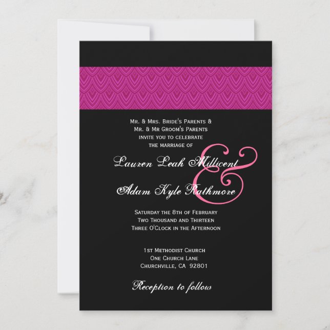 Fuschia Feathered Chevron Black Wedding Monogram Invitation (Front)