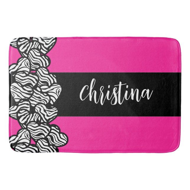 Fuschia pink black white zebra pattern heart name  bath mat (Front)