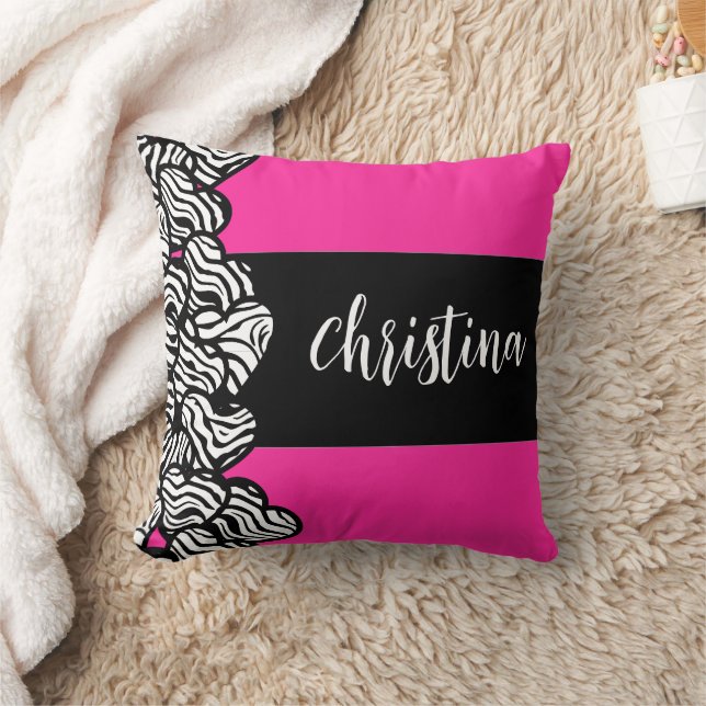 Fuschia pink black white zebra pattern heart name  cushion (Blanket)