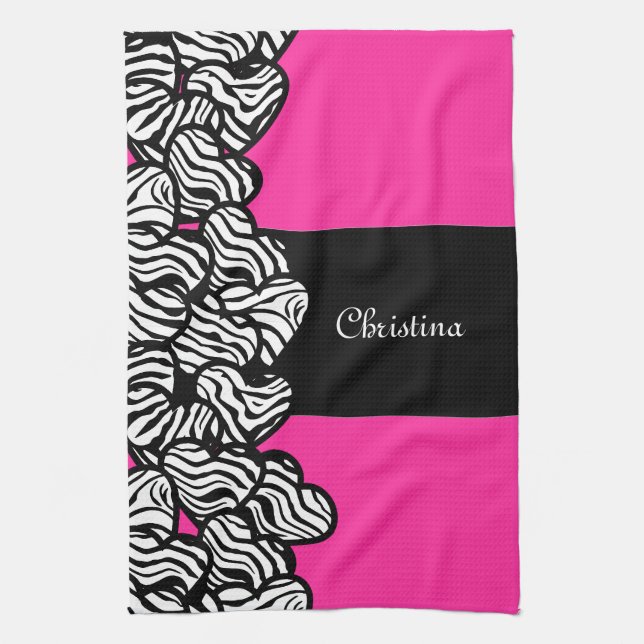 Fuschia pink black white zebra pattern heart name tea towel (Vertical)