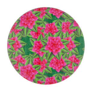 Fuschia Pink Camellias and Green Leaves Cutting Board