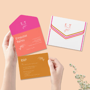 Fuschia Pink Coral + Orange Bold Retro Wedding All In One Invitation