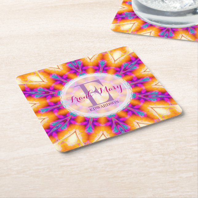 Fuschia Pink Gold Monogram Paper Coasters (Angled)