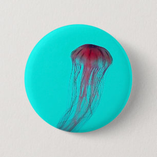 Fuschia Pink Jellyfish on Aqua Blue Green 6 Cm Round Badge