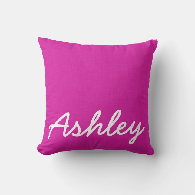 Fuschia pink linen texture white initials cushion (Front)