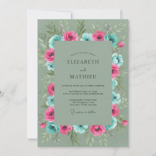 Fuschia Turquoise Wildflower Wedding Invitation