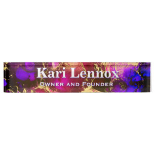 Fuscia and Gold Alcohol Ink Desk Nameplate