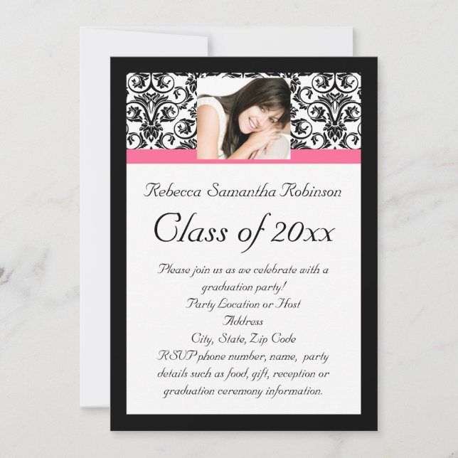 Fushcia Damask Pink and Black Graduation Invitation (Front)