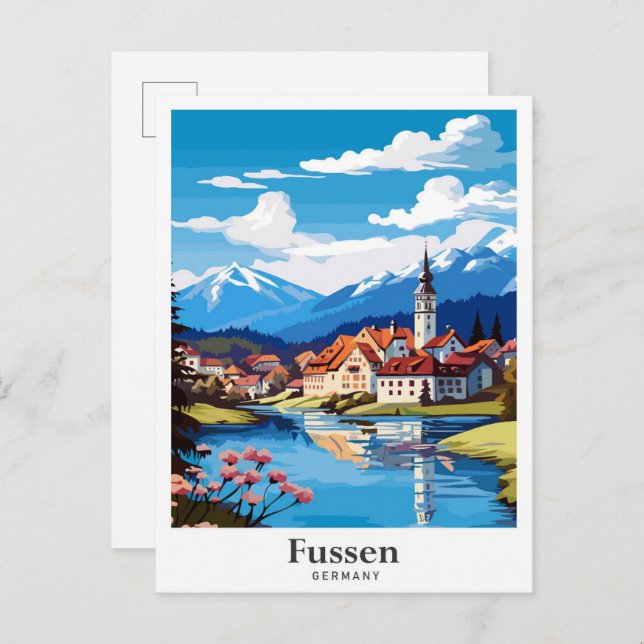 Fussen Germany Art Vintage Travel Illustration Postcard (Front/Back)