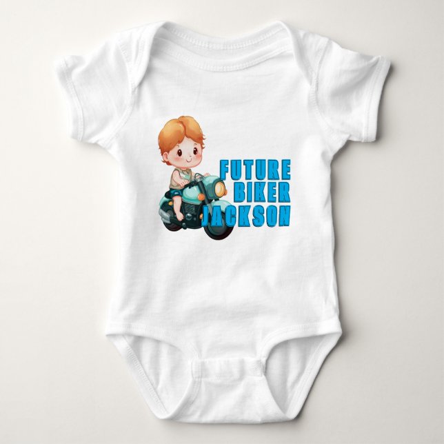 Future Biker with Child and Motorcycle Baby Bodysuit (Front)