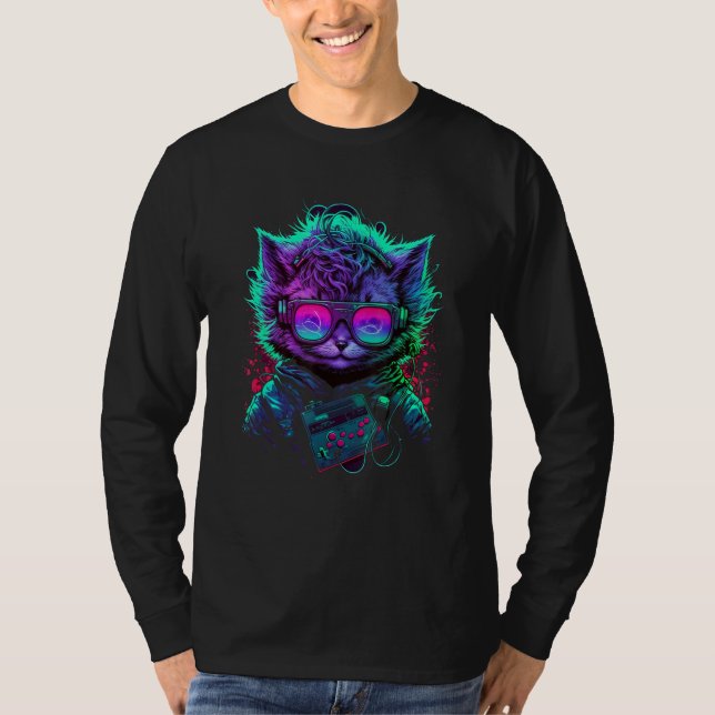 Future Cat Dj Retro Party Cat Dj Synthwave T-Shirt (Front)