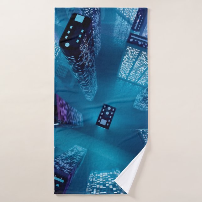 Future city downtown with skyscrapers in neon cybe bath towel (Bath Towel)