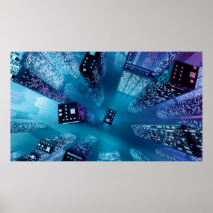 Future city downtown with skyscrapers in neon cybe poster