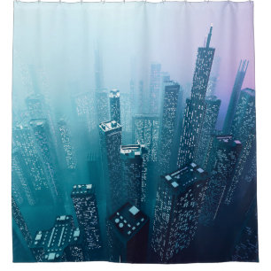 Future city downtown with skyscrapers in neon cybe shower curtain