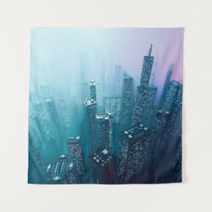 Future city downtown with skyscrapers in neon cybe tapestry