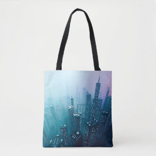 Future city downtown with skyscrapers in neon cybe tote bag