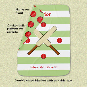 Future cricket star personalised green striped baby blanket