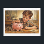 Future financier. Postcard<br><div class="desc">A thrifty boy stacks his coins for saving in a piggy bank.</div>