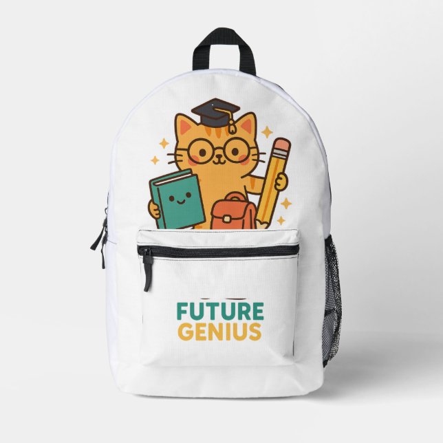 Future Genius – Cute Cat with School Essentials Printed Backpack (Front)