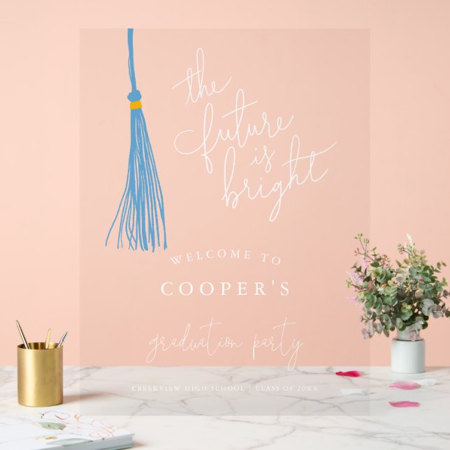Future is Bright Light Blue Tassel Grad Party Sign (Wedding)