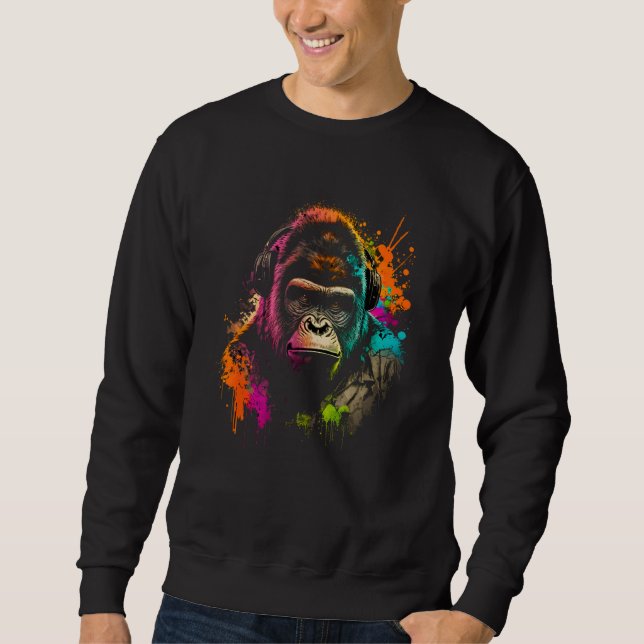 Future Monkey Dj Retro Party Gorilla Dj Synthwave Sweatshirt (Front)