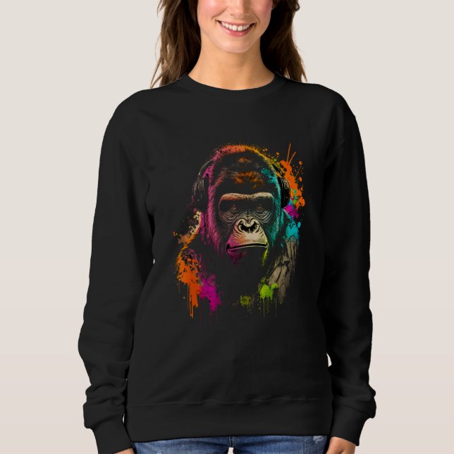 Future Monkey Dj Retro Party Gorilla Dj Synthwave Sweatshirt (Front)